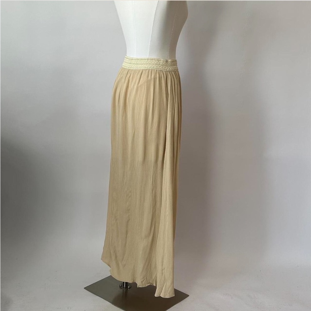 Vintage Active Boho Crinkled Maxi Skirt Crochet Knit Waistband Beige Tan Large - Picture 2 of 10